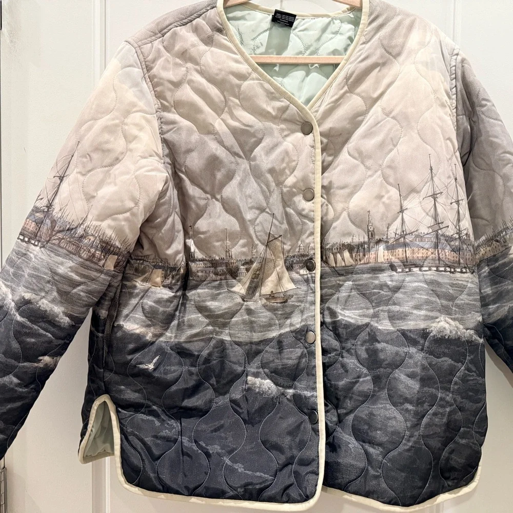 PacSun Nautical Print Quilted Jacket - Gray and Cream - Picture 1 of 2